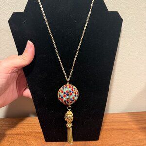 Vintage gold tone pendant necklace, egg shape, colorful rhinestones, with tassle